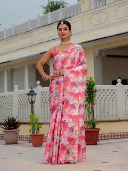 Chinon Digital Print Ready To Wear Saree With Blouse Piece