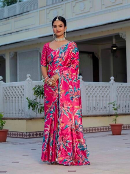 Chinon Digital Print Ready To Wear Saree With Blouse Piece
