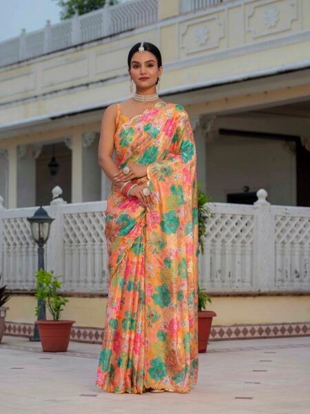 Chinon Digital Print Ready To Wear Saree With Blouse Piece