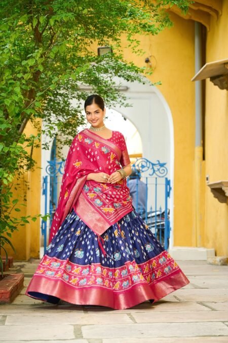 Womens Blue Lichi Silk Printed with Zari Boarder Lehenga Choli Set