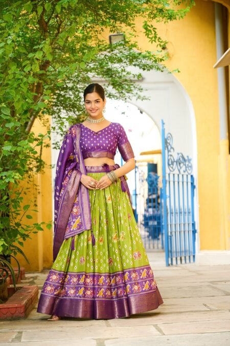 Womens Mahendi Lichi Silk Printed with Zari Boarder Lehenga Choli Set
