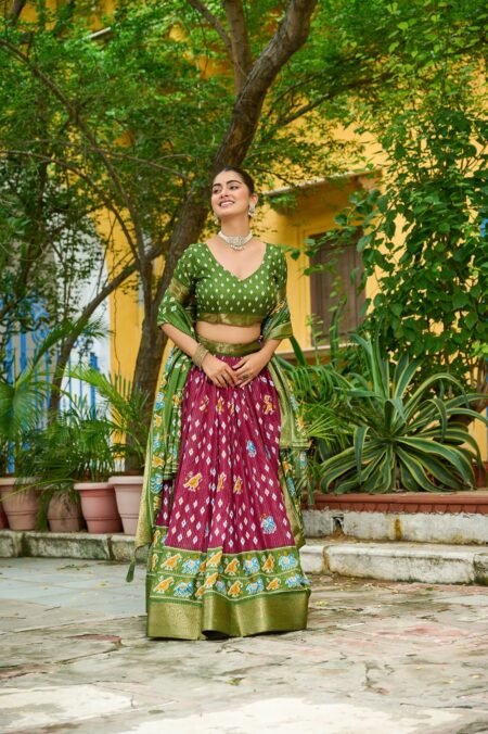Womens Wine Lichi Silk Printed with Zari Boarder Lehenga Choli Set