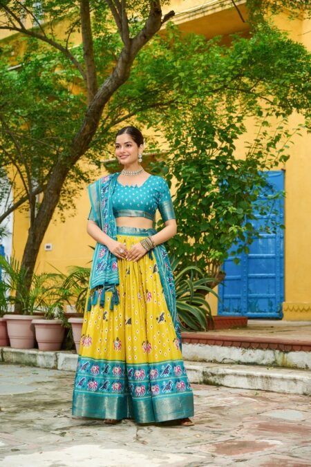 Womens Yellow Lichi Silk Printed with Zari Boarder Lehenga Choli Set