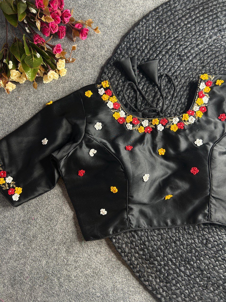 Malishka Export Women's Black Pure Silk Hand Work Readymade Blouse