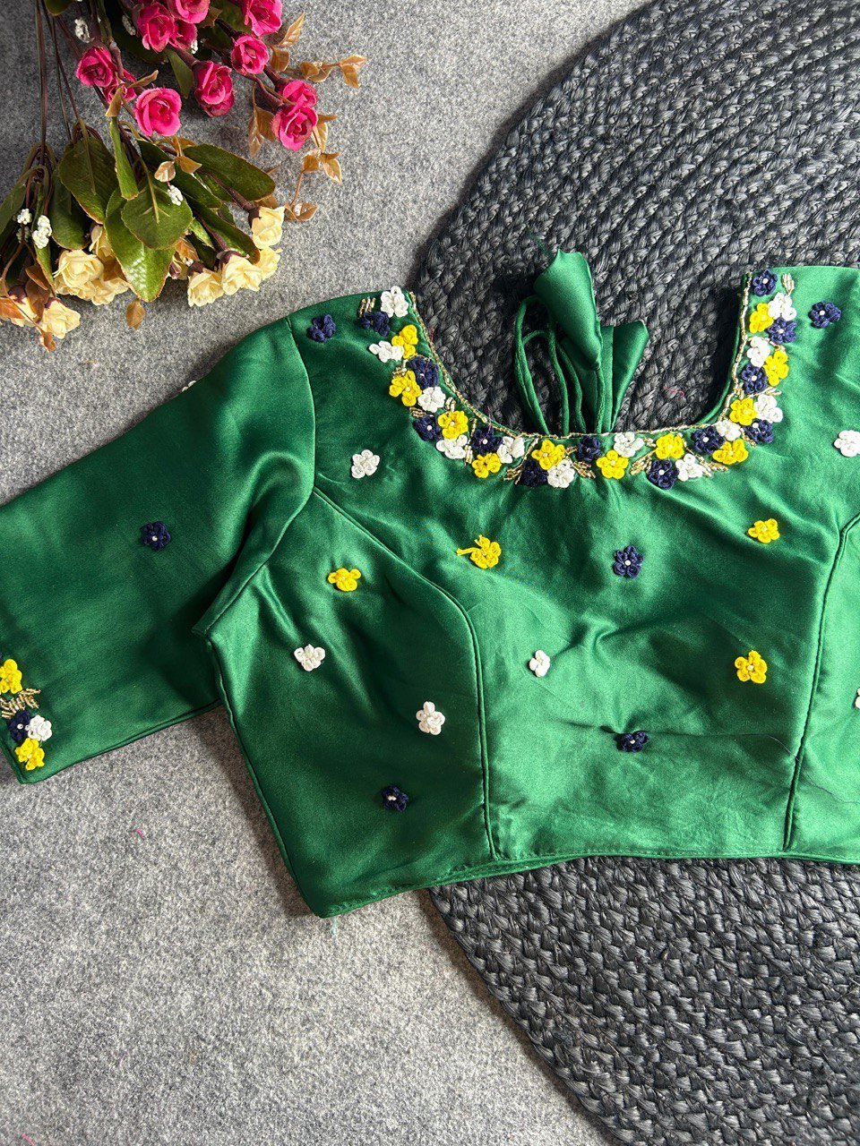 Malishka Export Women's Green Pure Silk Hand Work Readymade Blouse