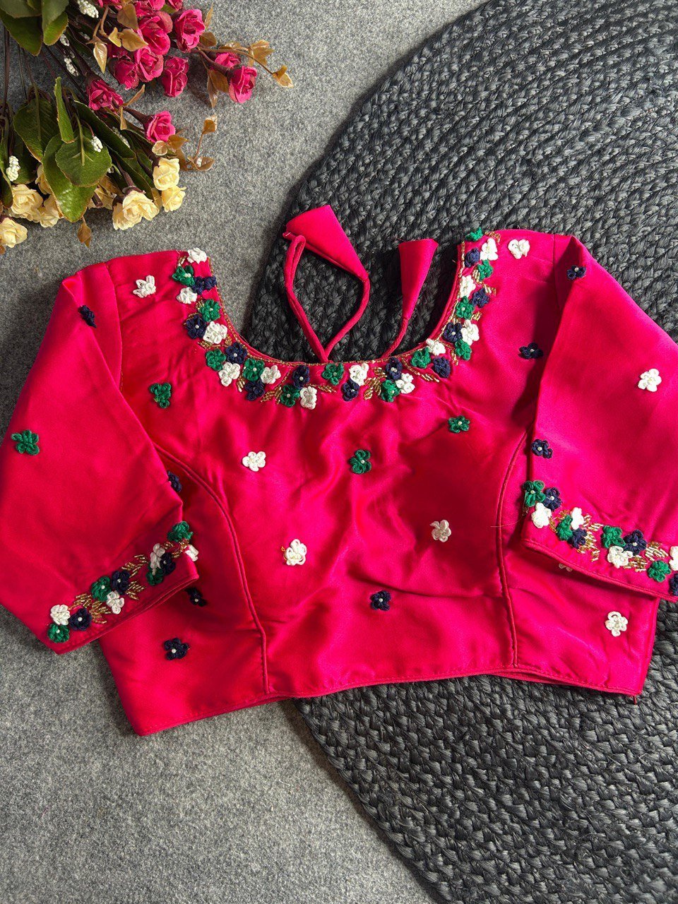 Malishka Export Women's Pink Pure Silk Hand Work Readymade Blouse