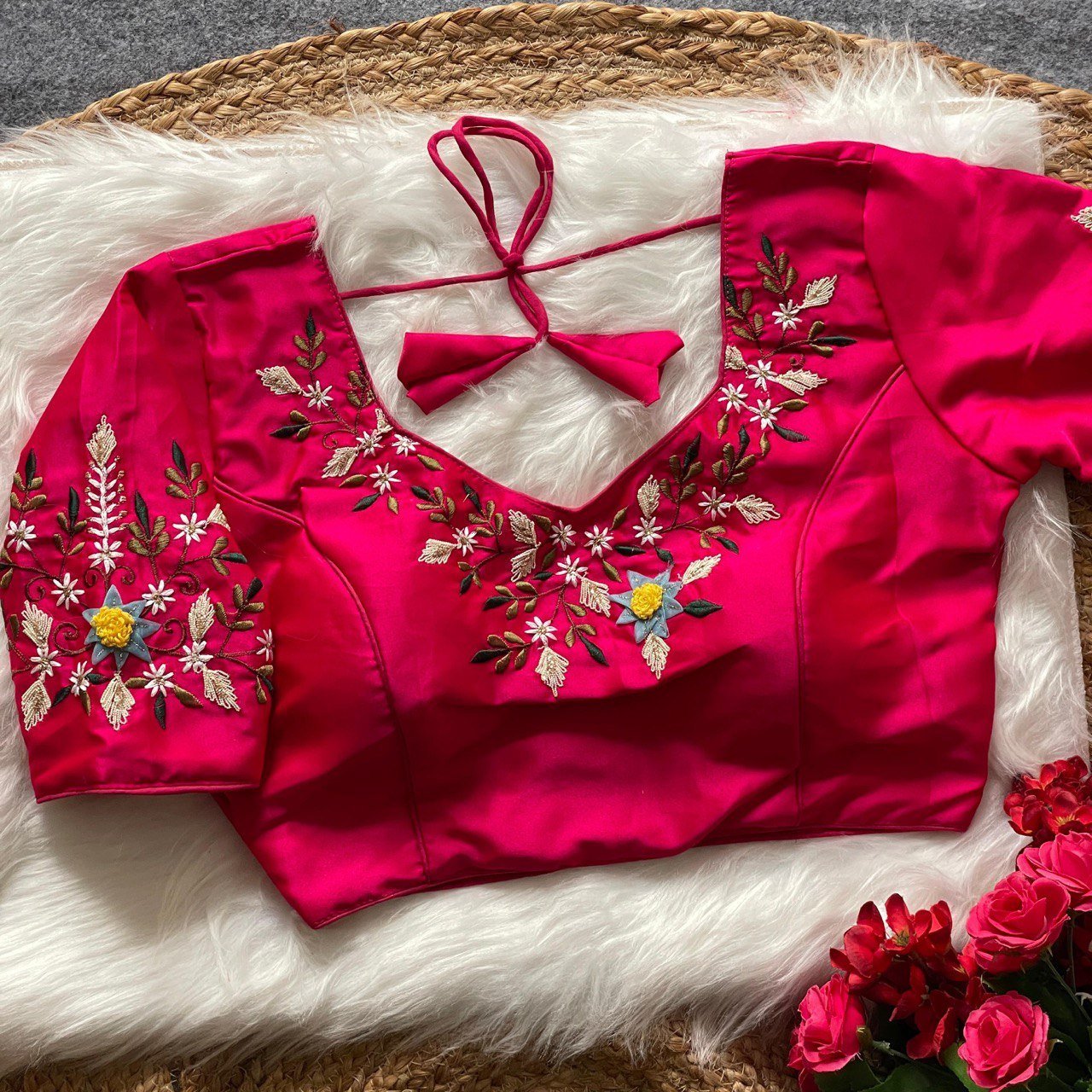 Malishka Export Women's Pink Banglori Silk Embroidery Readymade Blouse