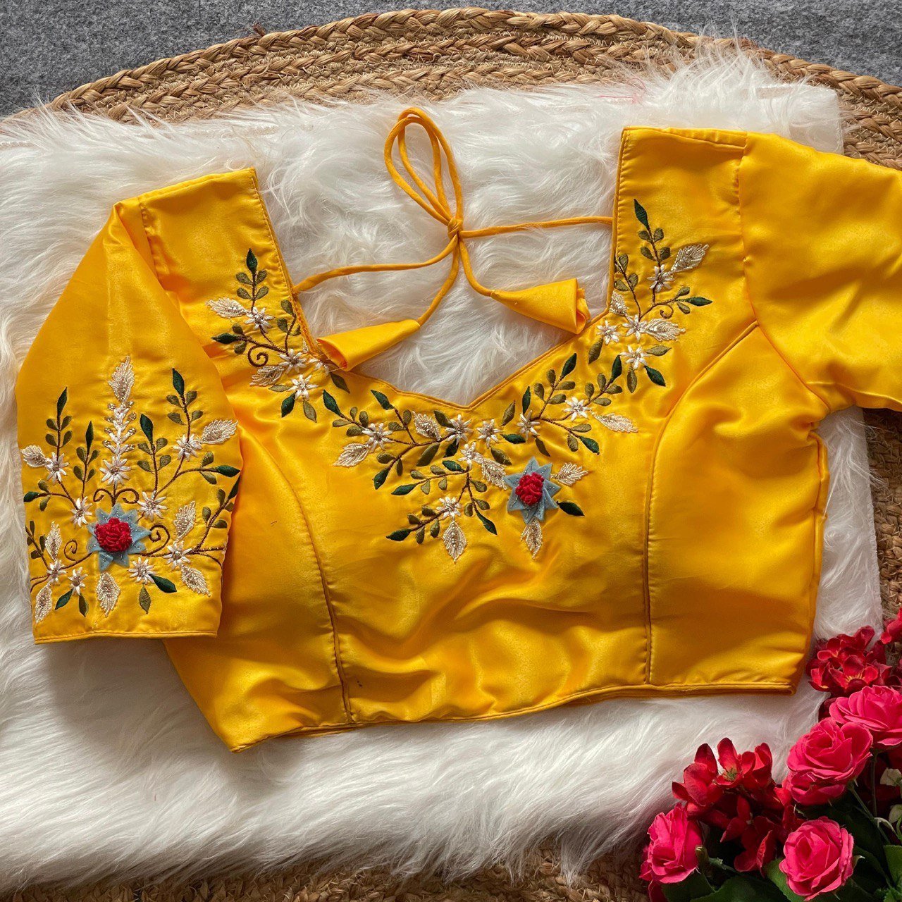 Malishka Export Women's Yellow Banglori Silk Embroidery Readymade Blouse