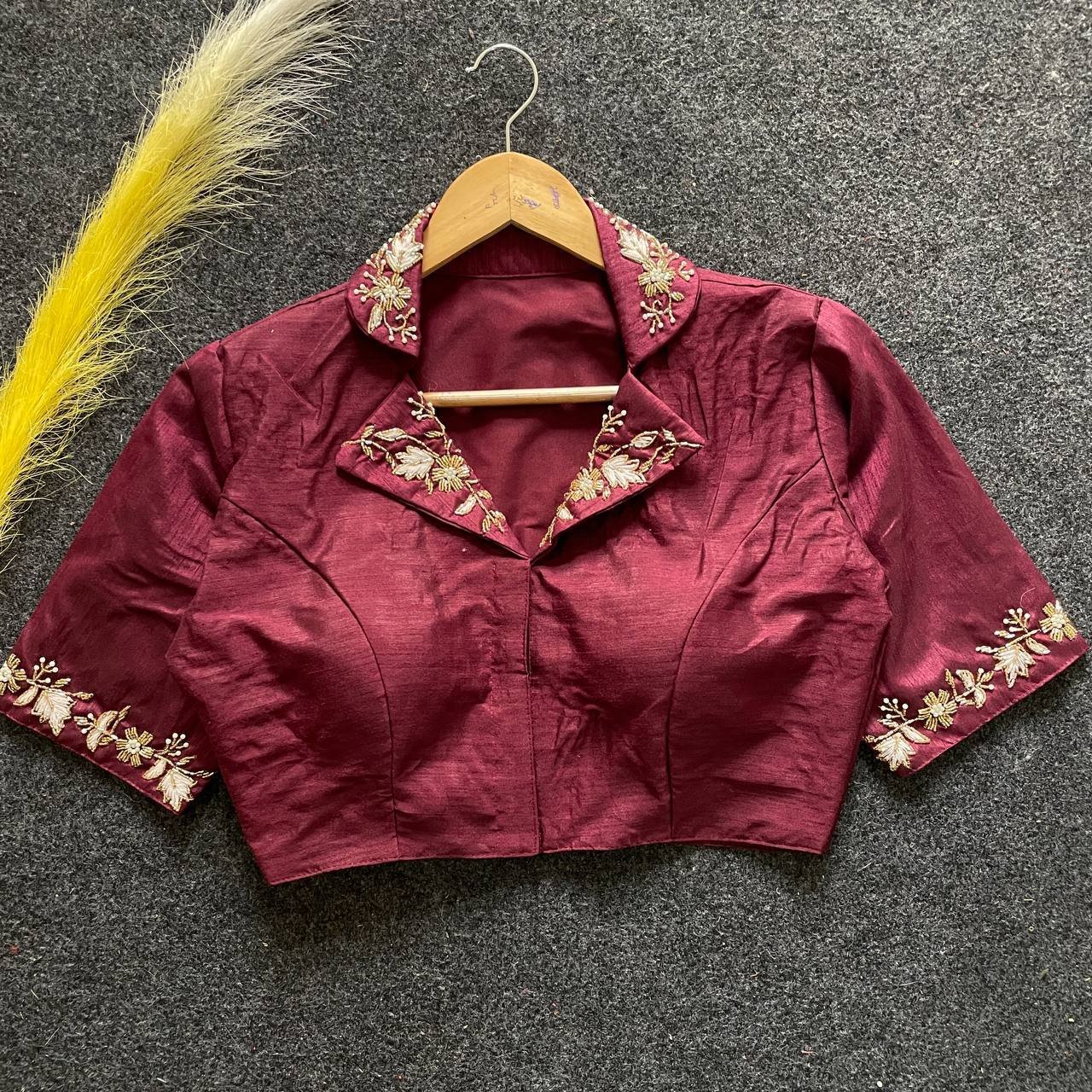 Malishka Export Women's Maroon Banglori Silk Hand Work Readymade Blouse