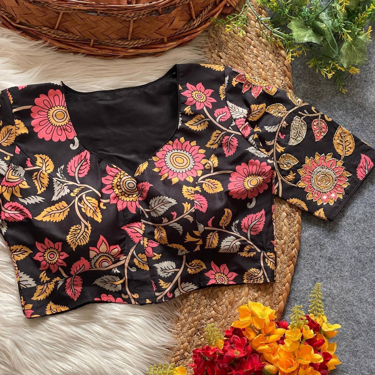 Malishka Export Women's Black Cotton Hand Work Readymade Blouse