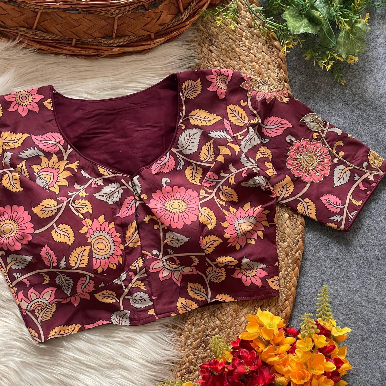Malishka Export Women's Maroon Cotton Hand Work Readymade Blouse
