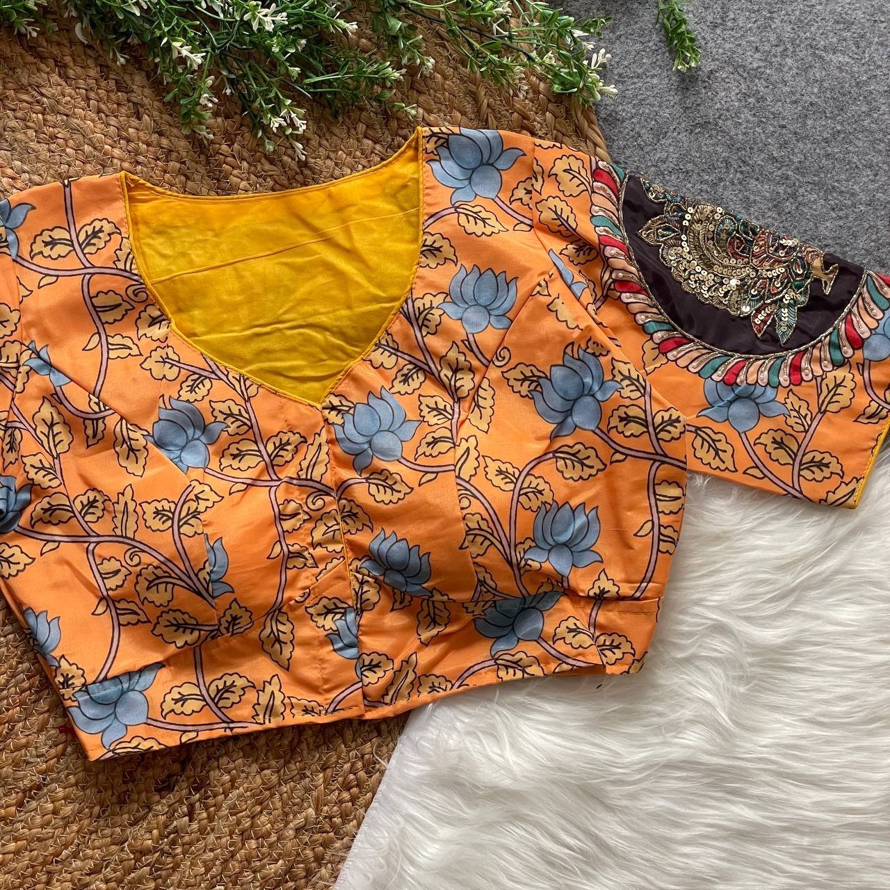 Malishka Export Women's Orange Cotton Hand Work Readymade Blouse