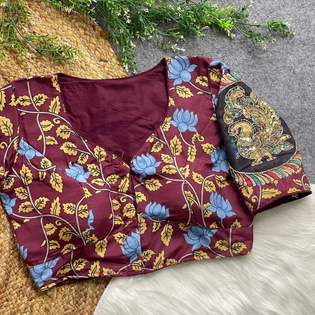 Malishka Export Women's Wine Cotton Hand Work Readymade Blouse