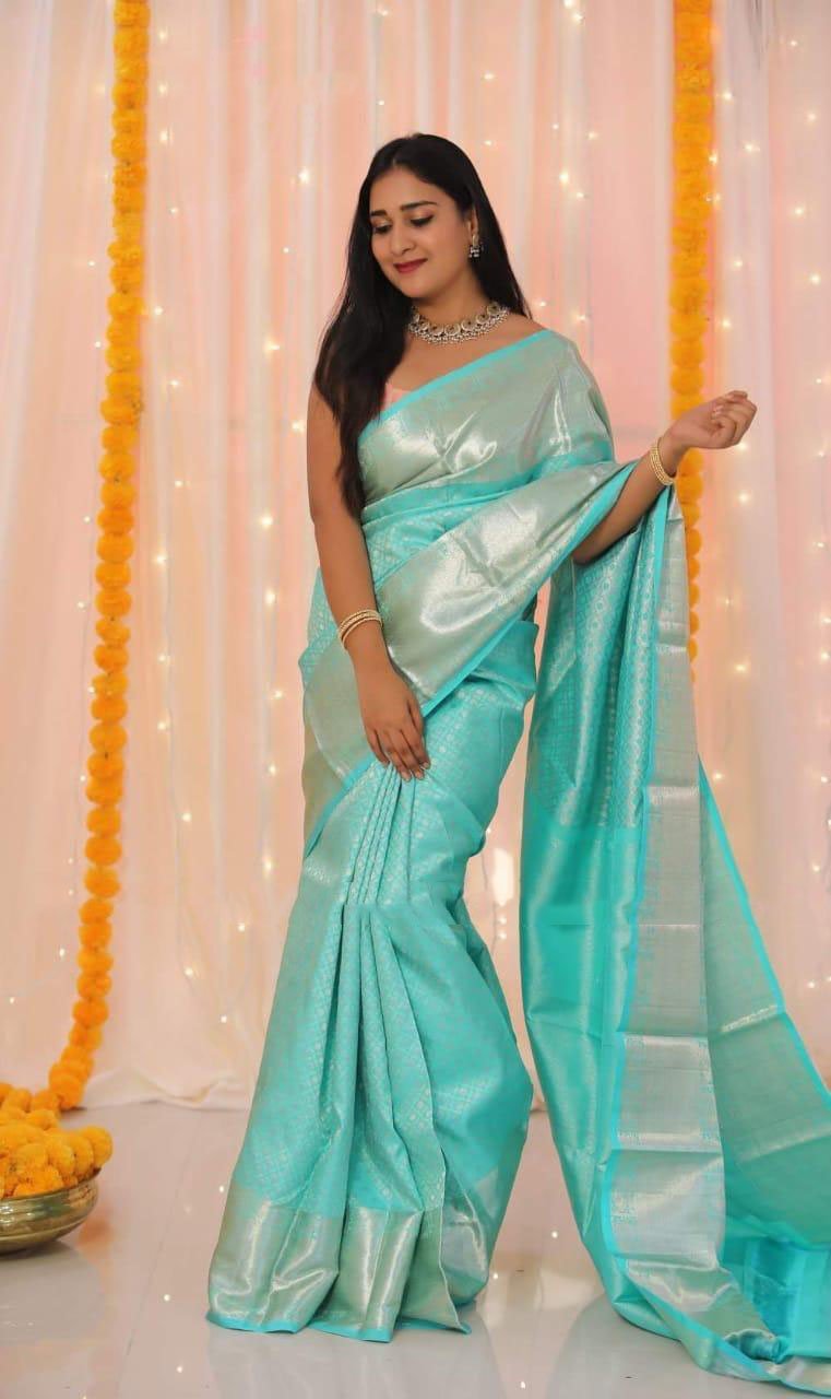 Malishka Export Jacquard Lichi Silk Sky Blue Saree With Unstiched Blouse Piece