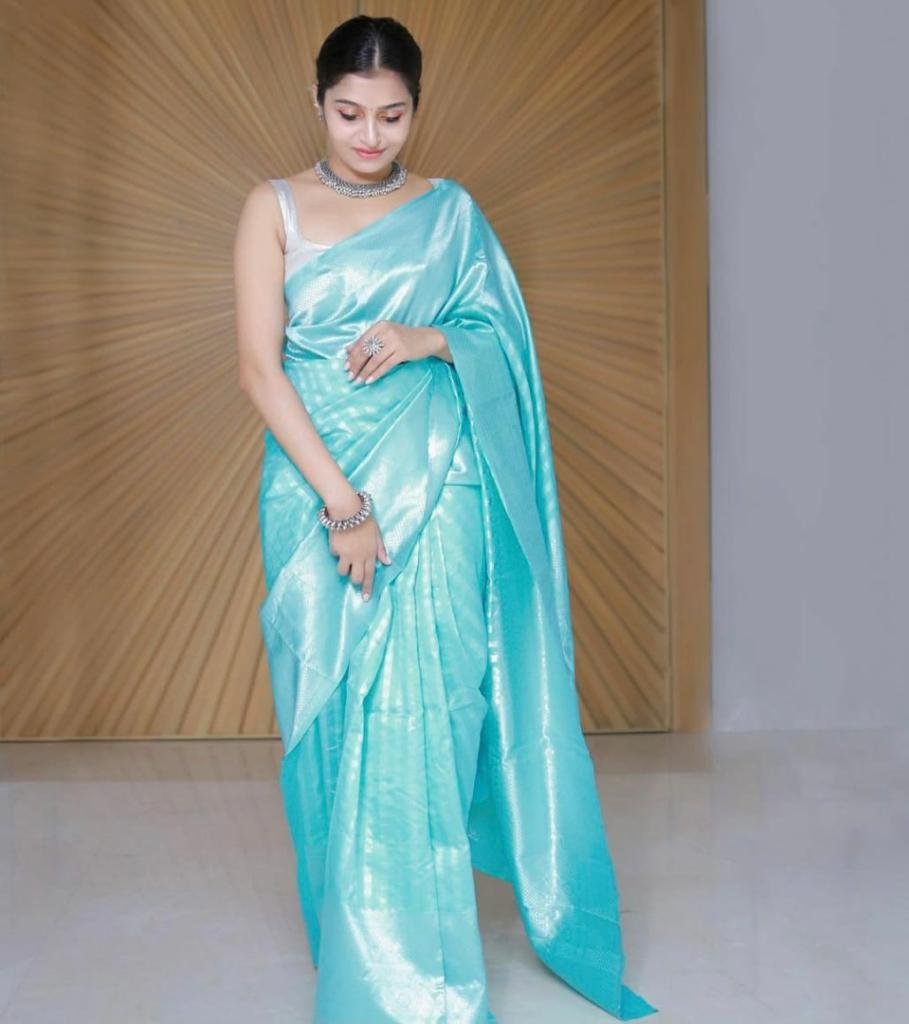 Malishka Export Jacquard Lichi Silk Sky Blue Saree With Unstiched Blouse Piece