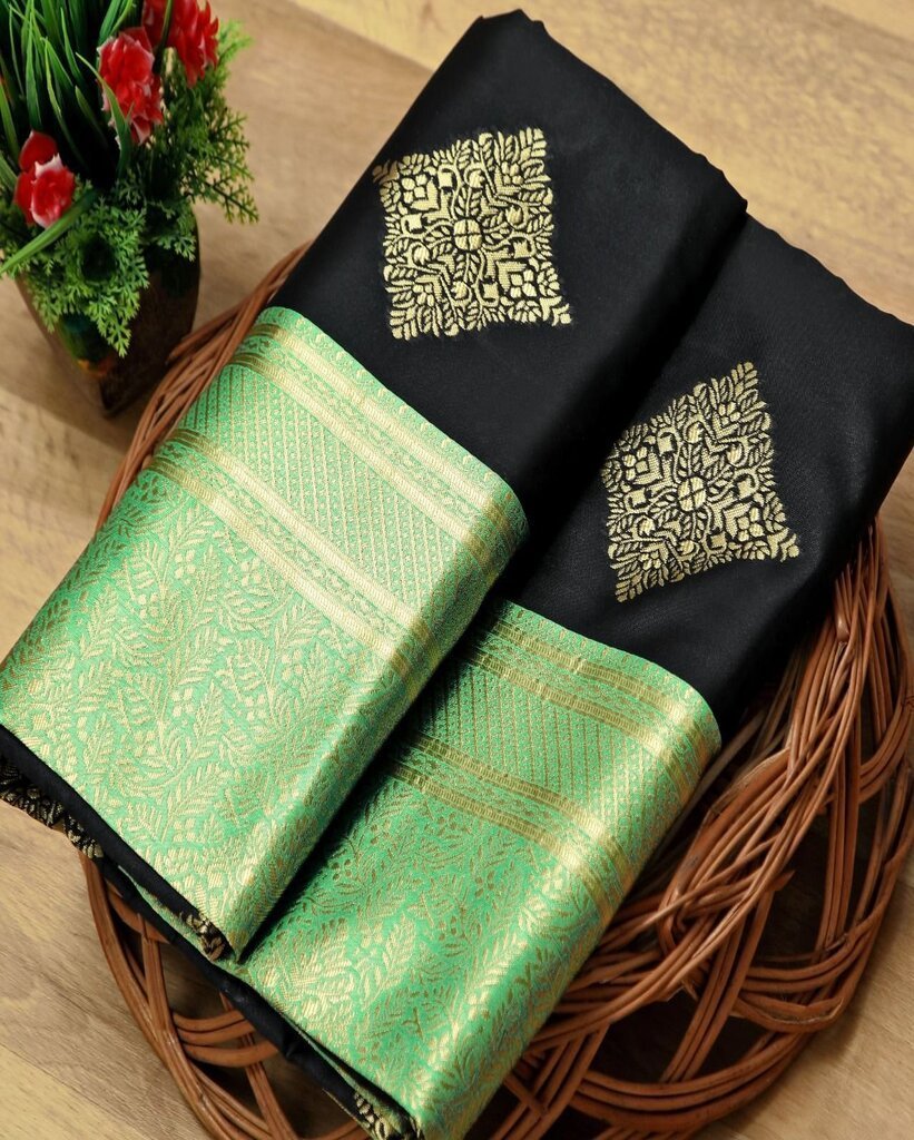 Malishka Export Jacquard Lichi Silk Black Saree With Unstiched Blouse Piece