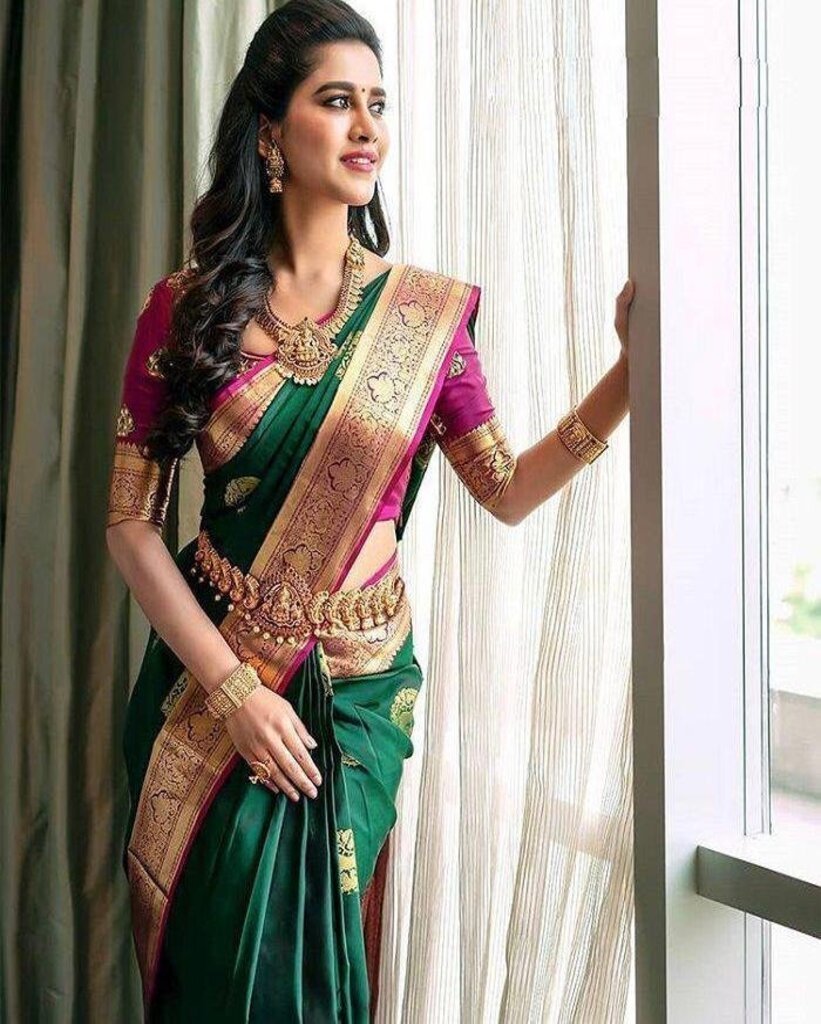 Malishka Export Jacquard Lichi Silk Dark Green Saree With Unstiched Blouse Piece
