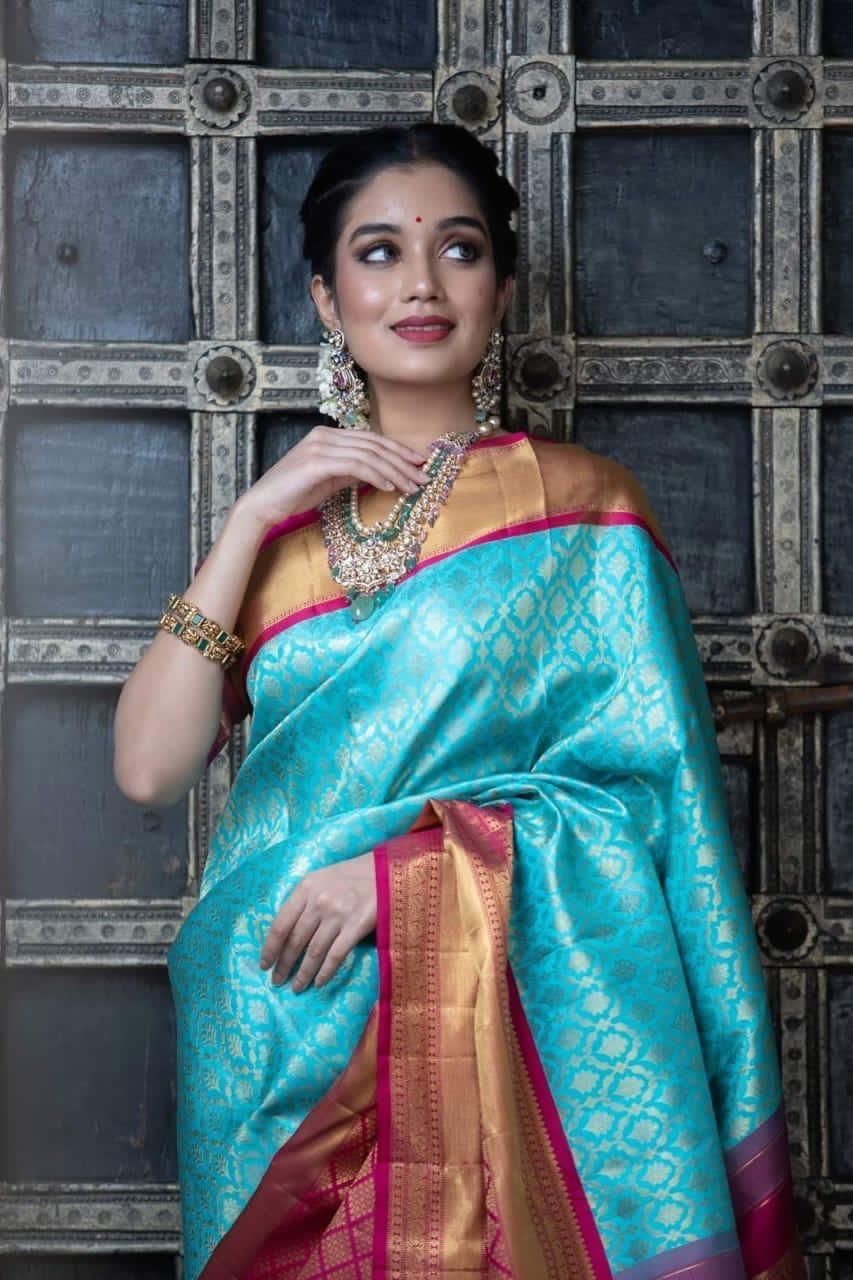 Malishka Export Jacquard Lichi Silk Sky Blue Saree With Unstiched Blouse Piece