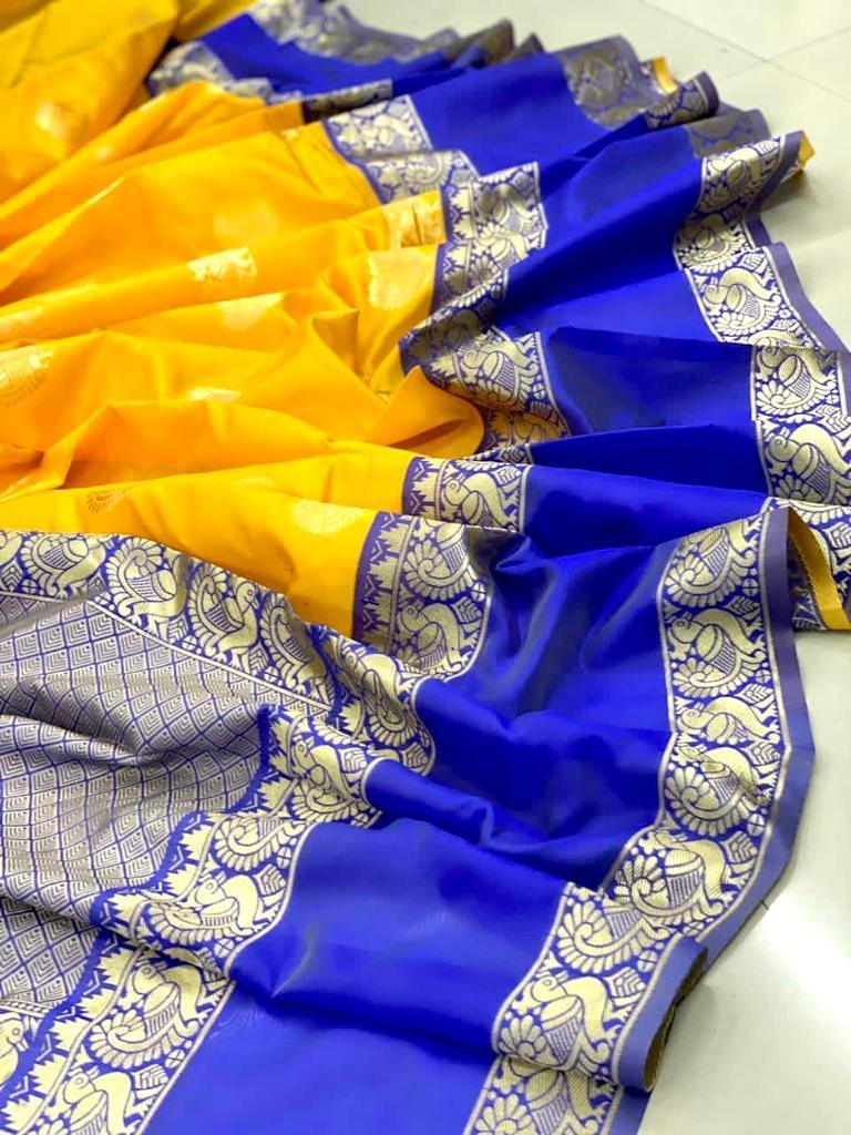 Malishka Export Jacquard Lichi Silk Yellow Saree With Unstiched Blouse Piece