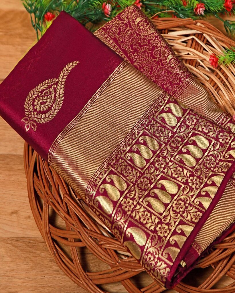 Malishka Export Jacquard Lichi Silk Maroon Saree With Unstiched Blouse Piece