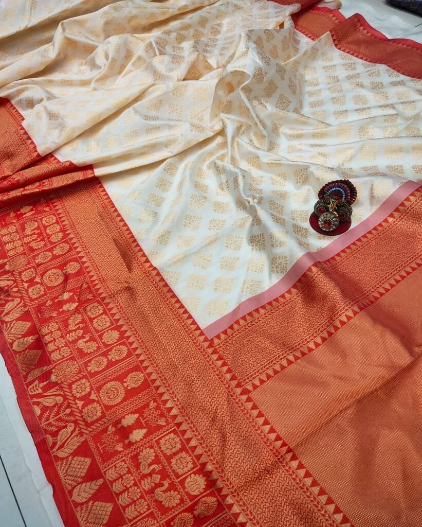 Malishka Export Jacquard Lichi Silk Cream Saree With Unstiched Blouse Piece