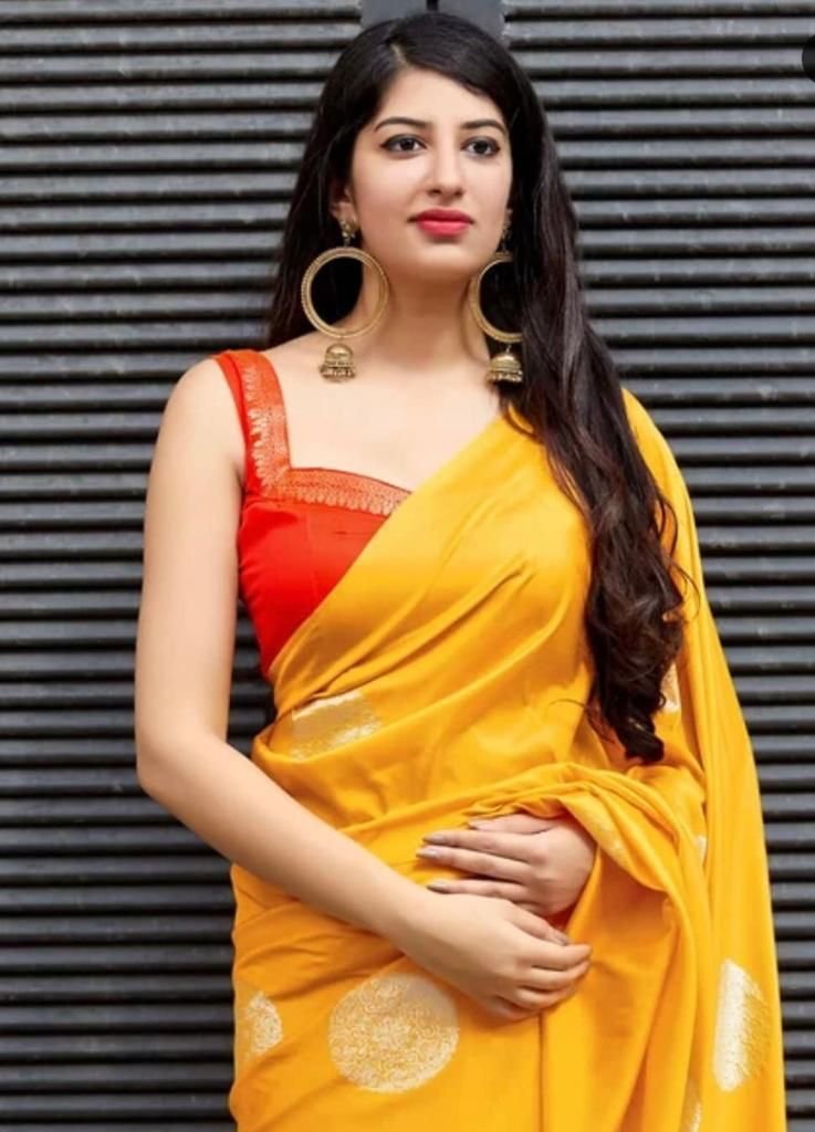 Malishka Export Jacquard Lichi Silk Yellow Saree With Unstiched Blouse Piece