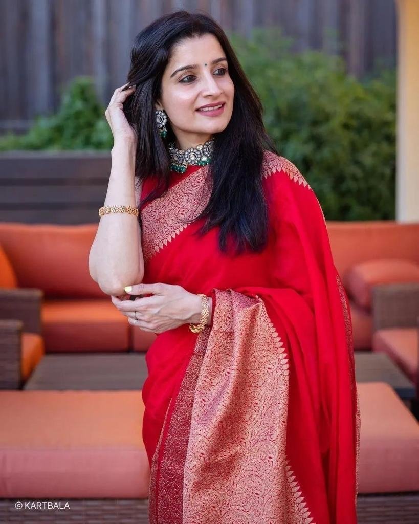 Malishka Export Jacquard Lichi Silk Red Saree With Unstiched Blouse Piece