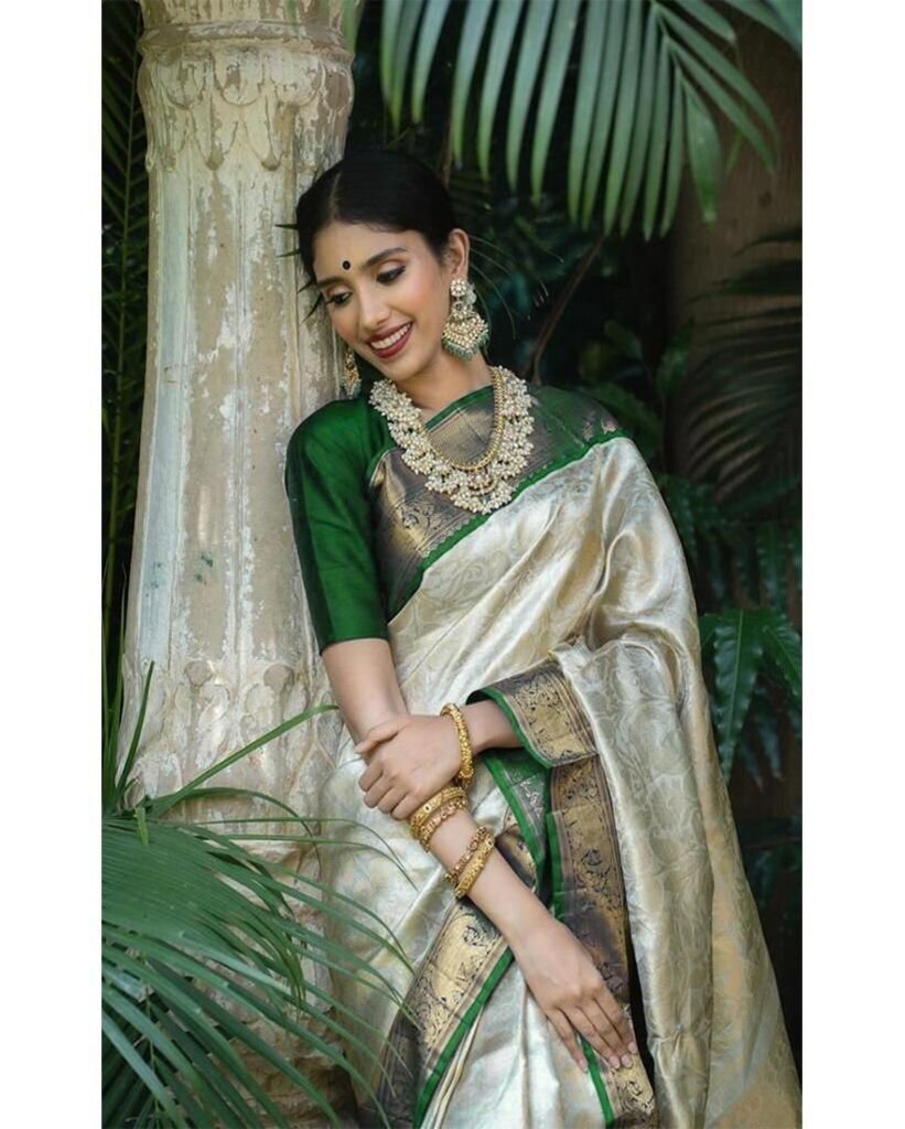 Malishka Export Jacquard Lichi Silk Cream Saree With Unstiched Blouse Piece