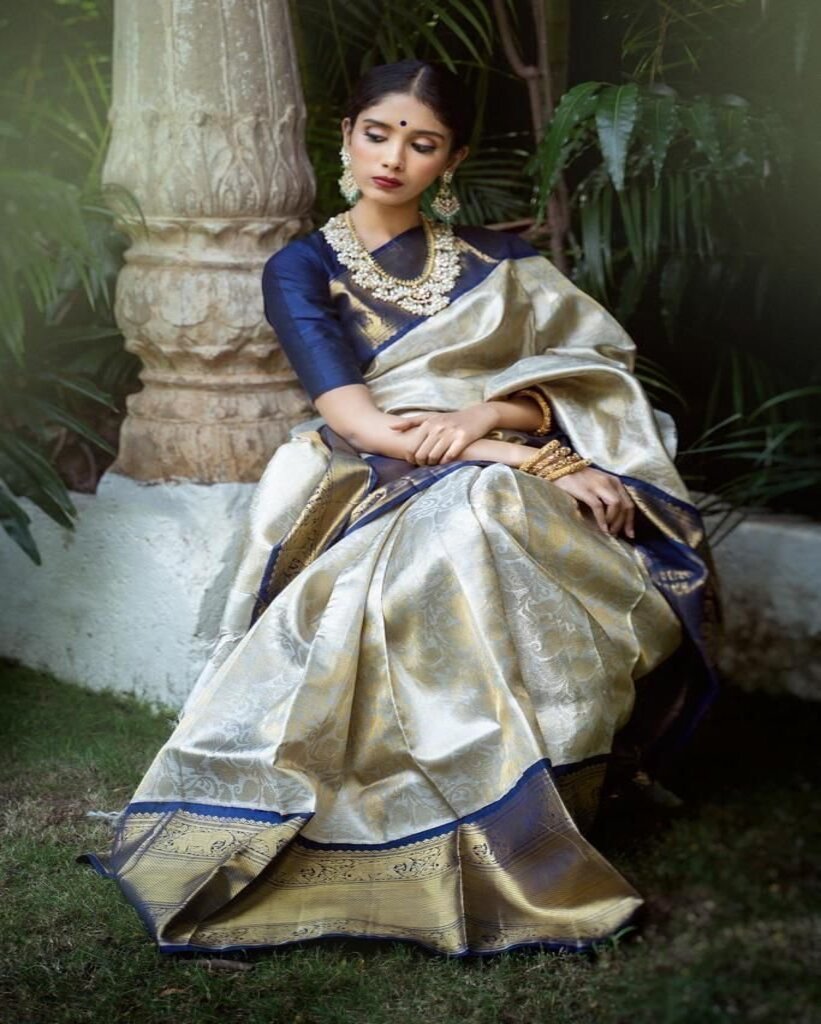 Malishka Export Jacquard Lichi Silk Cream Saree With Unstiched Blouse Piece