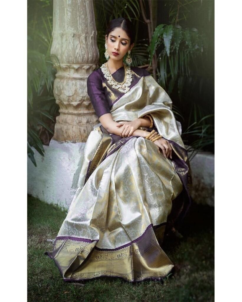 Malishka Export Jacquard Lichi Silk Cream Saree With Unstiched Blouse Piece