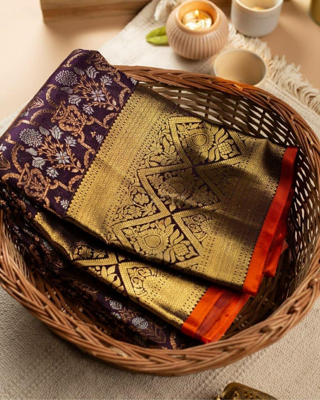 Malishka Export Jacquard Lichi Silk Purple Saree With Unstiched Blouse Piece