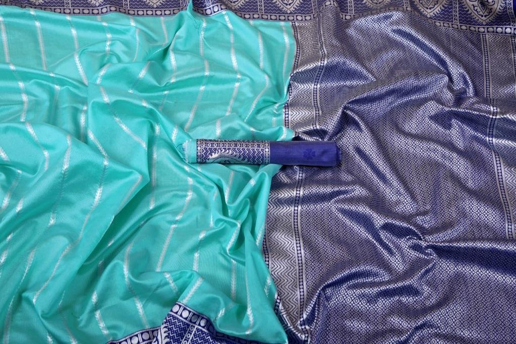 Malishka Export Jacquard Lichi Silk Sky Blue Saree With Unstiched Blouse Piece