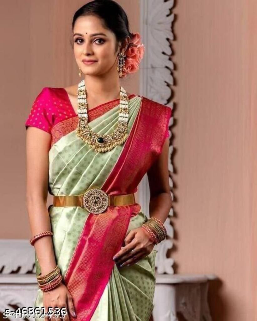 Malishka Export Jacquard Lichi Silk Pista Saree With Unstiched Blouse Piece