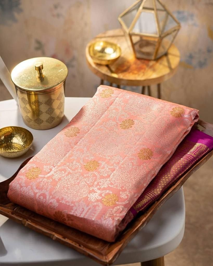 Malishka Export Jacquard Lichi Silk Pink Saree With Unstiched Blouse Piece