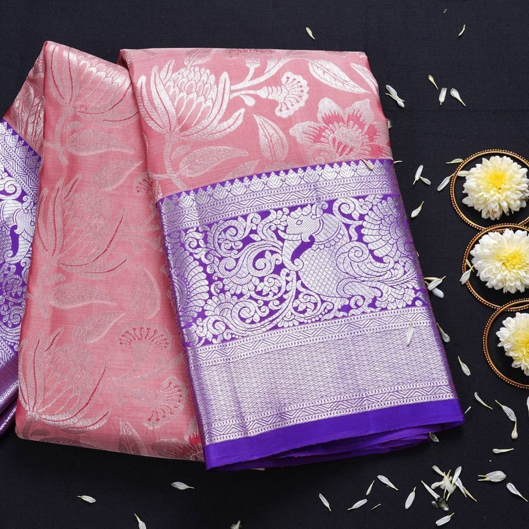 Malishka Export Jacquard Lichi Silk Pink Saree With Unstiched Blouse Piece