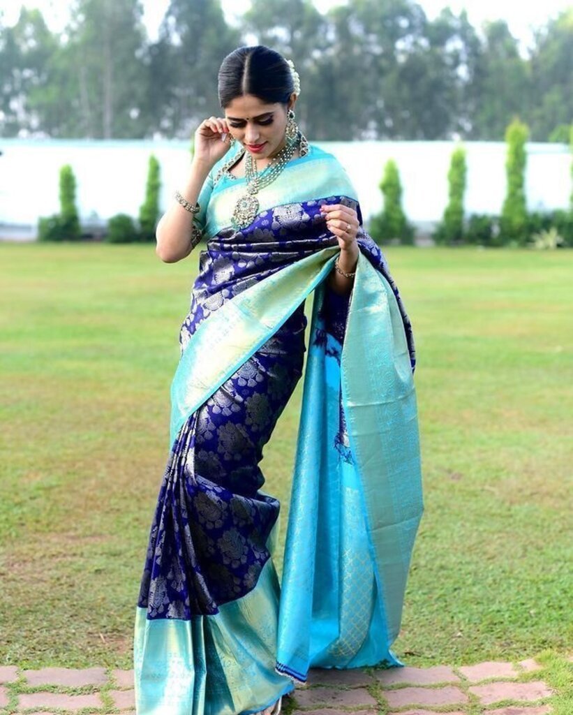 Malishka Export Jacquard Lichi Silk Blue Saree With Unstiched Blouse Piece