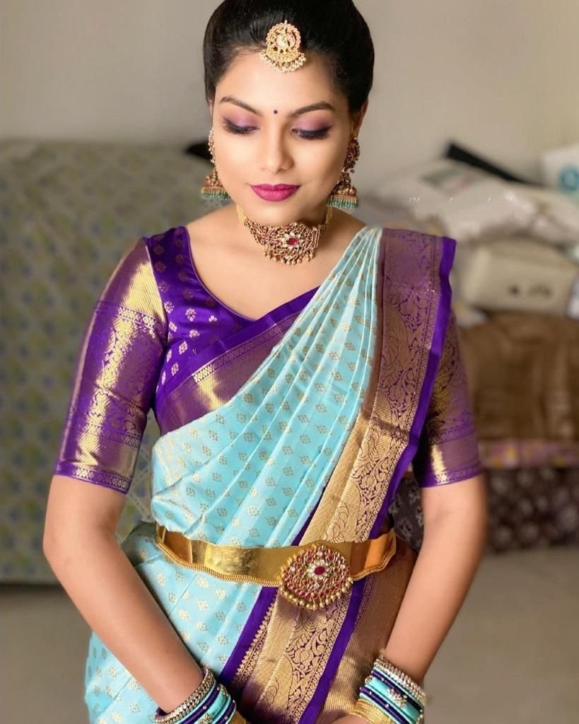 Malishka Export Jacquard Lichi Silk Sky Blue Saree With Unstiched Blouse Piece