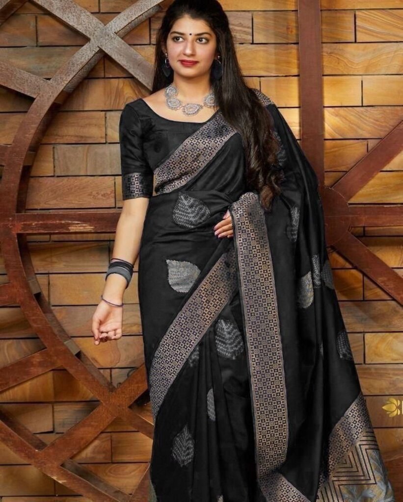 Malishka Export Jacquard Lichi Silk Black Saree With Unstiched Blouse Piece