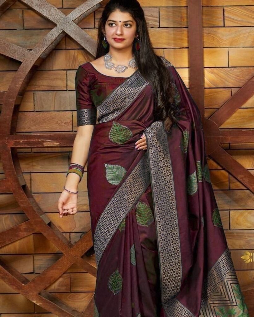 Malishka Export Jacquard Lichi Silk Maroon Saree With Unstiched Blouse Piece