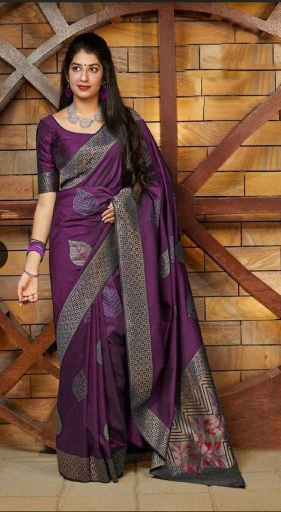 Malishka Export Jacquard Lichi Silk Purple Saree With Unstiched Blouse Piece