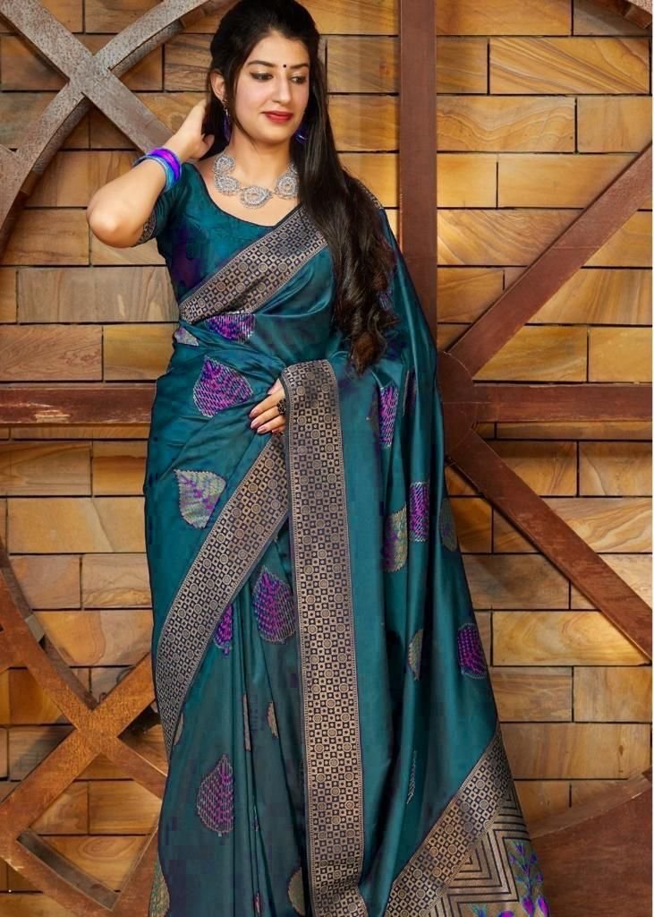 Malishka Export Jacquard Lichi Silk Teal Saree With Unstiched Blouse Piece