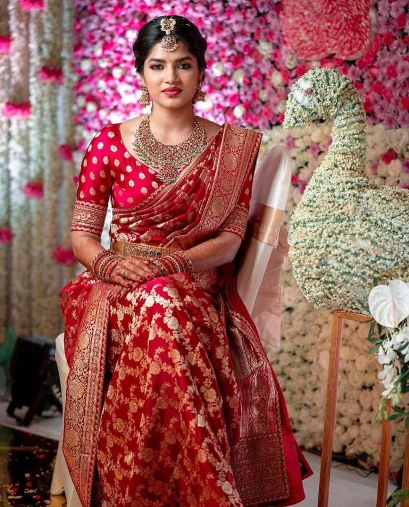 Malishka Export Jacquard Lichi Silk Red Saree With Unstiched Blouse Piece