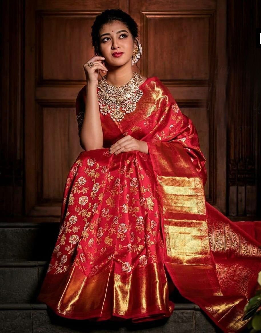 Malishka Export Jacquard Lichi Silk Red Saree With Unstiched Blouse Piece
