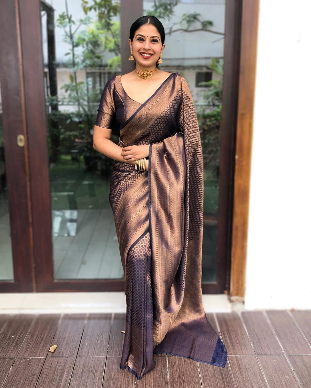 Malishka Export Jacquard Lichi Silk Brown Saree With Unstiched Blouse Piece