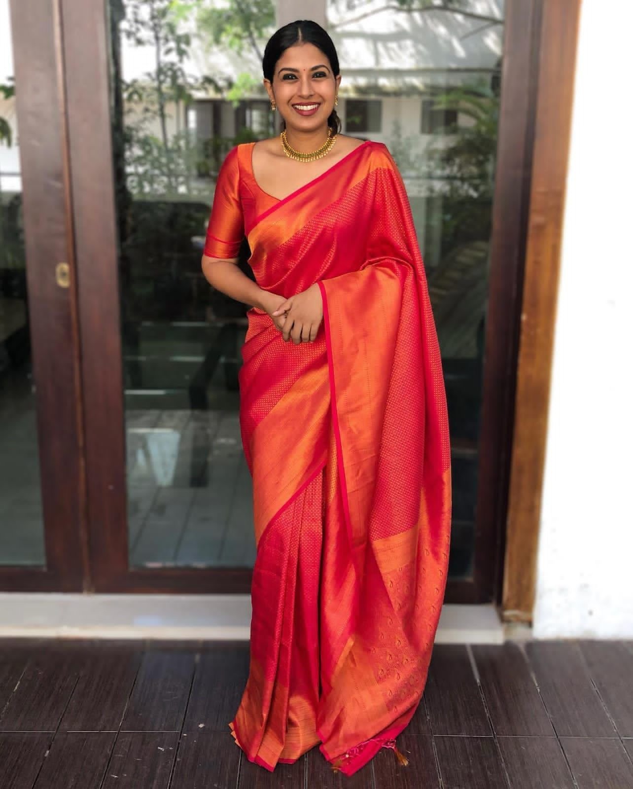 Malishka Export Jacquard Lichi Silk Red Saree With Unstiched Blouse Piece
