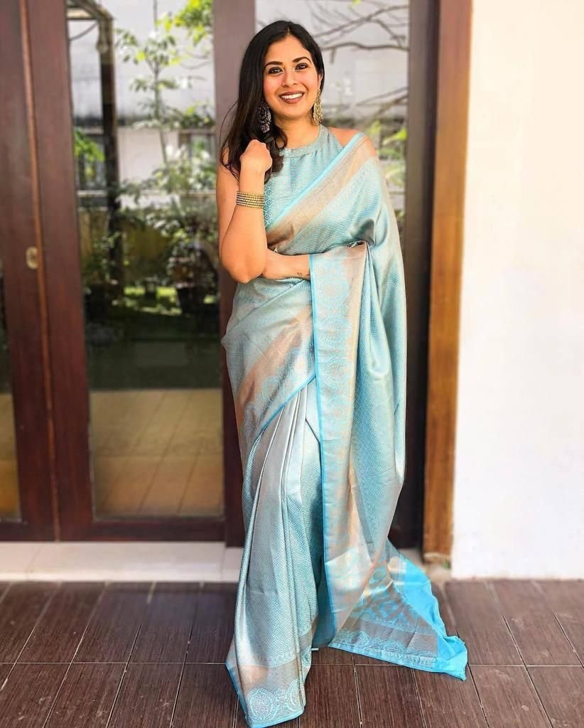 Malishka Export Jacquard Lichi Silk Sky Blue Saree With Unstiched Blouse Piece
