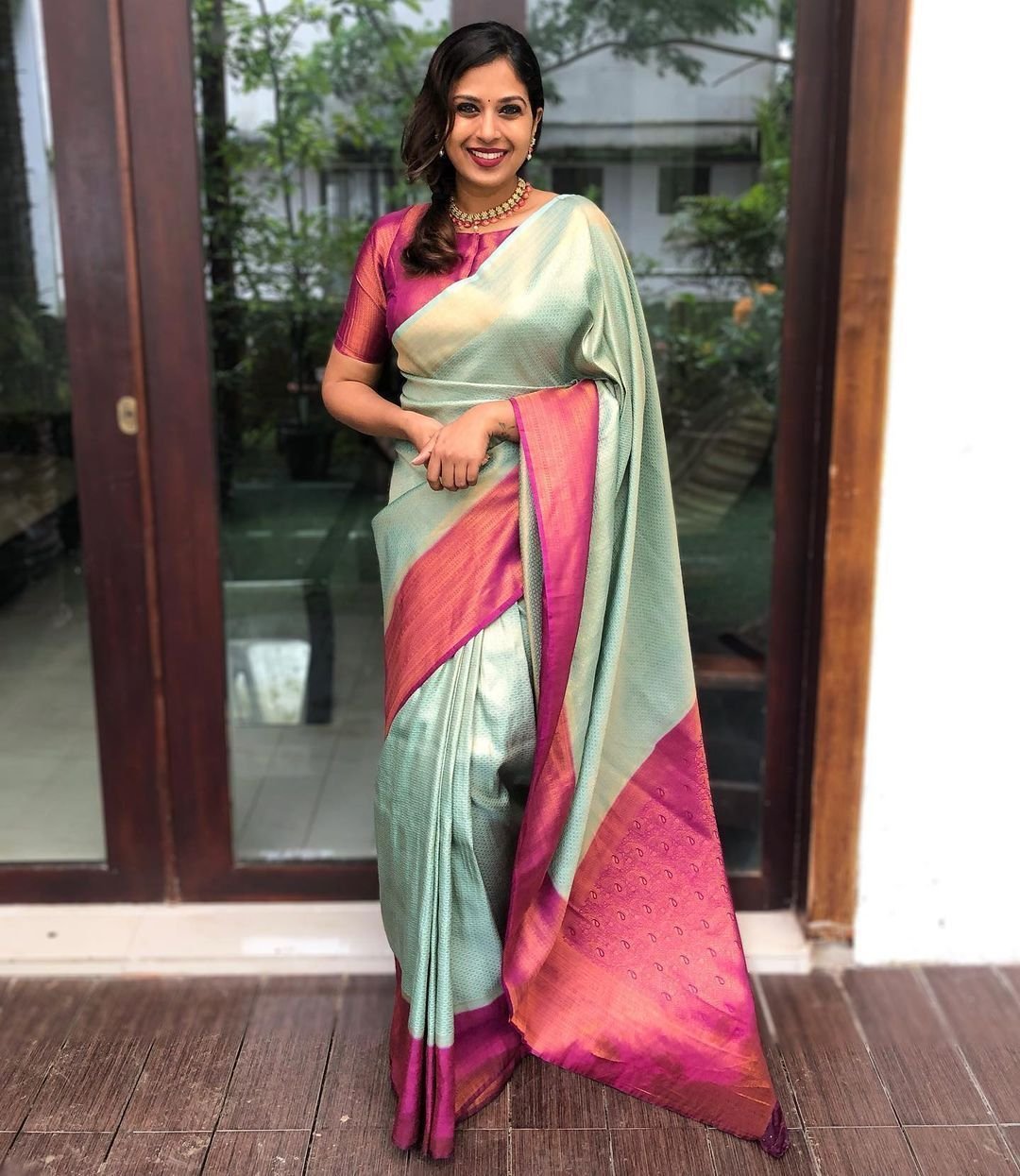 Malishka Export Jacquard Lichi Silk Pista Saree With Unstiched Blouse Piece