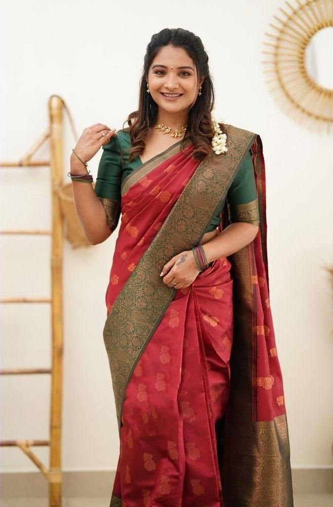 Malishka Export Jacquard Lichi Silk Red Saree With Unstiched Blouse Piece