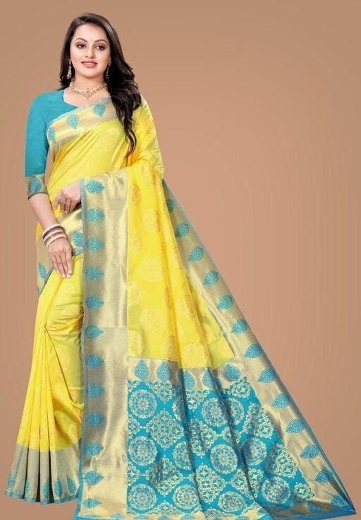 Malishka Export Jacquard Lichi Silk Yellow Saree With Unstiched Blouse Piece