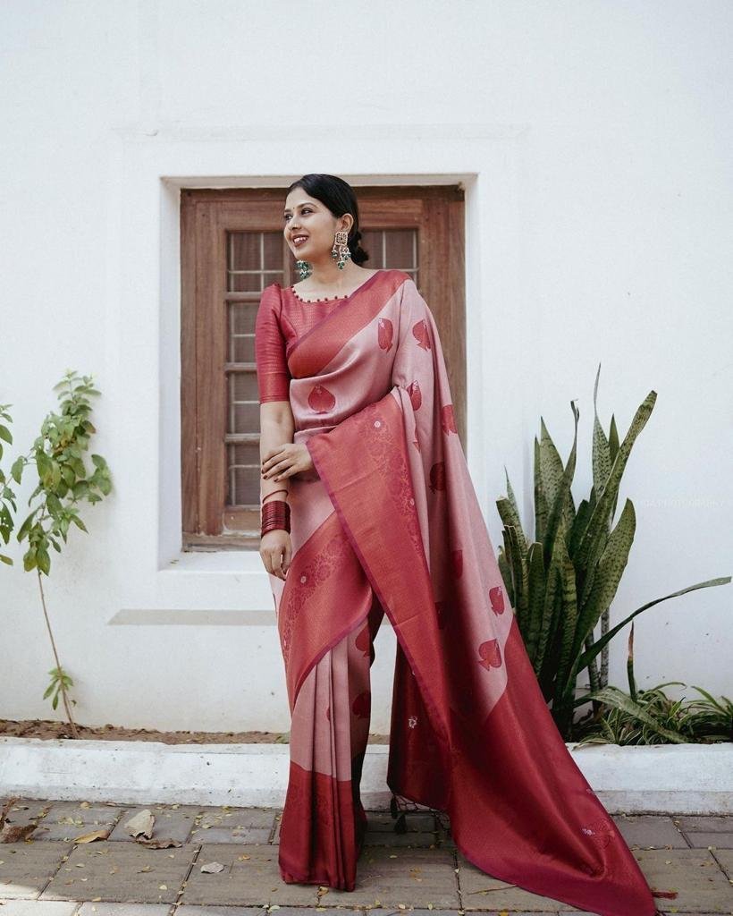 Malishka Export Jacquard Lichi Silk Maroon Saree With Unstiched Blouse Piece